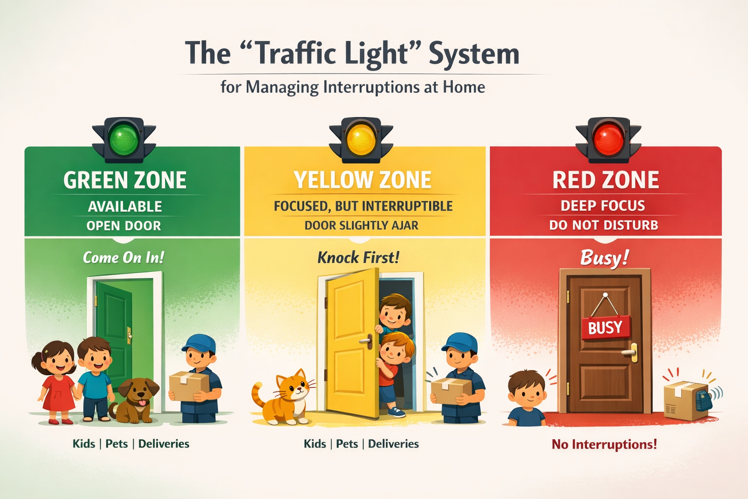 A visually engaging infographic in landscape format (1536x1024) illustrating the 'Traffic Light' system for managing interruptions at home. 
