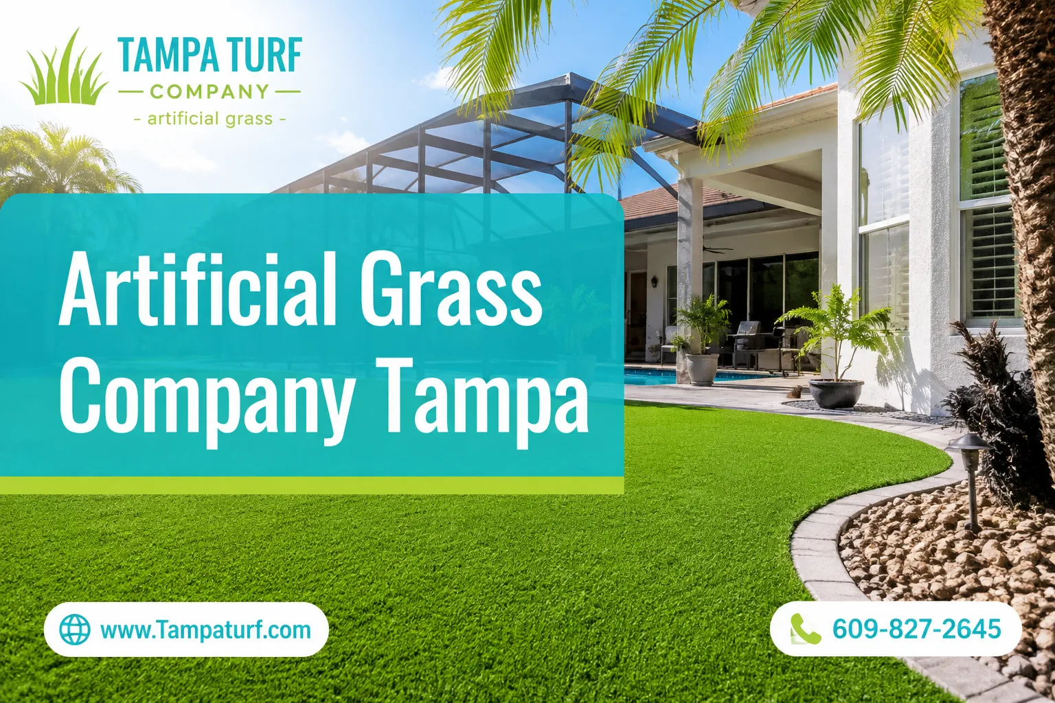 Professional () editorial hero image with SHORT : 'Artificial Grass Company Tampa' in modern white on a semi-transparent