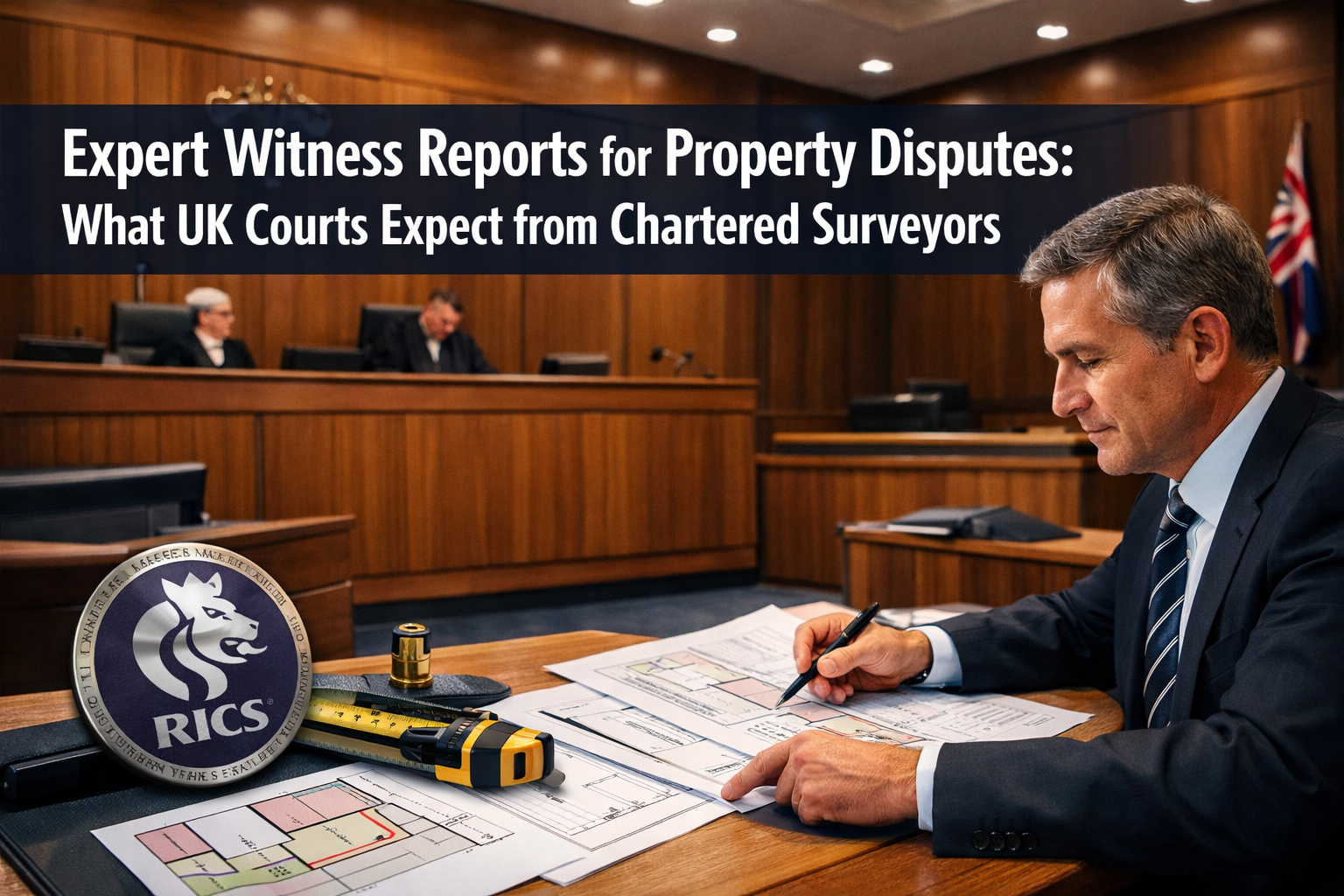 Professional () hero image featuring 'Expert Witness Reports for Property Disputes: What UK Courts Expect from Chartered