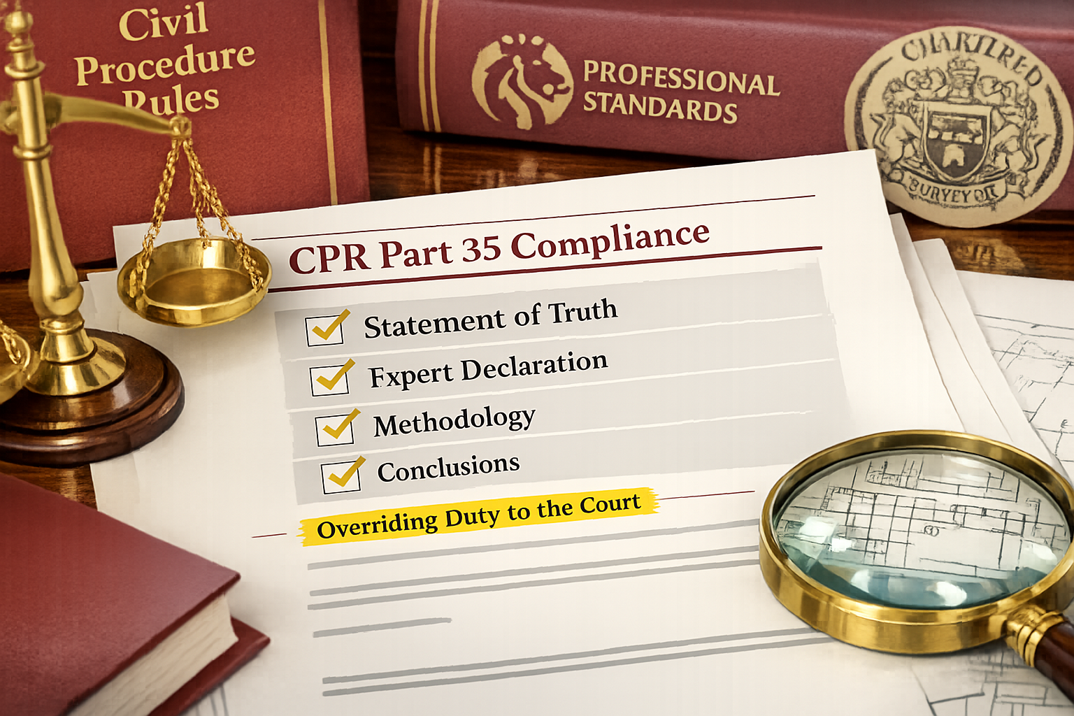 () editorial image showing close-up of professional expert witness report document with 'CPR Part 35 Compliance' header