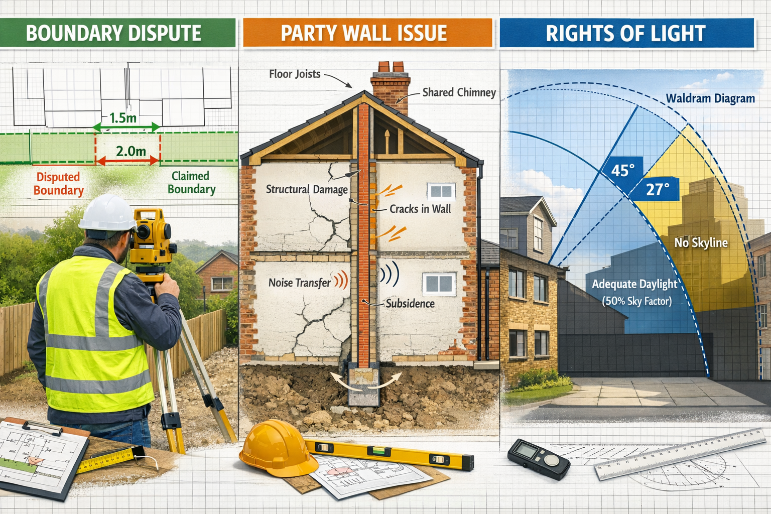 () detailed infographic-style image depicting three distinct property dispute scenarios side-by-side: left panel shows