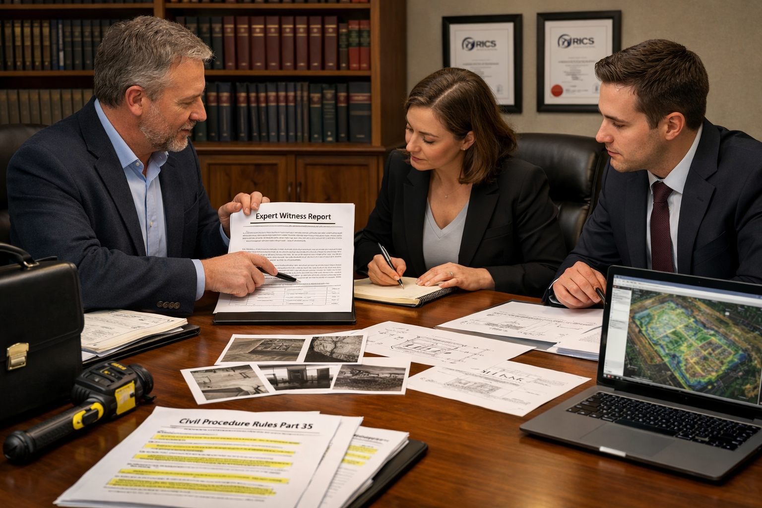 () professional scene showing courtroom preparation meeting with chartered surveyor presenting expert witness report to