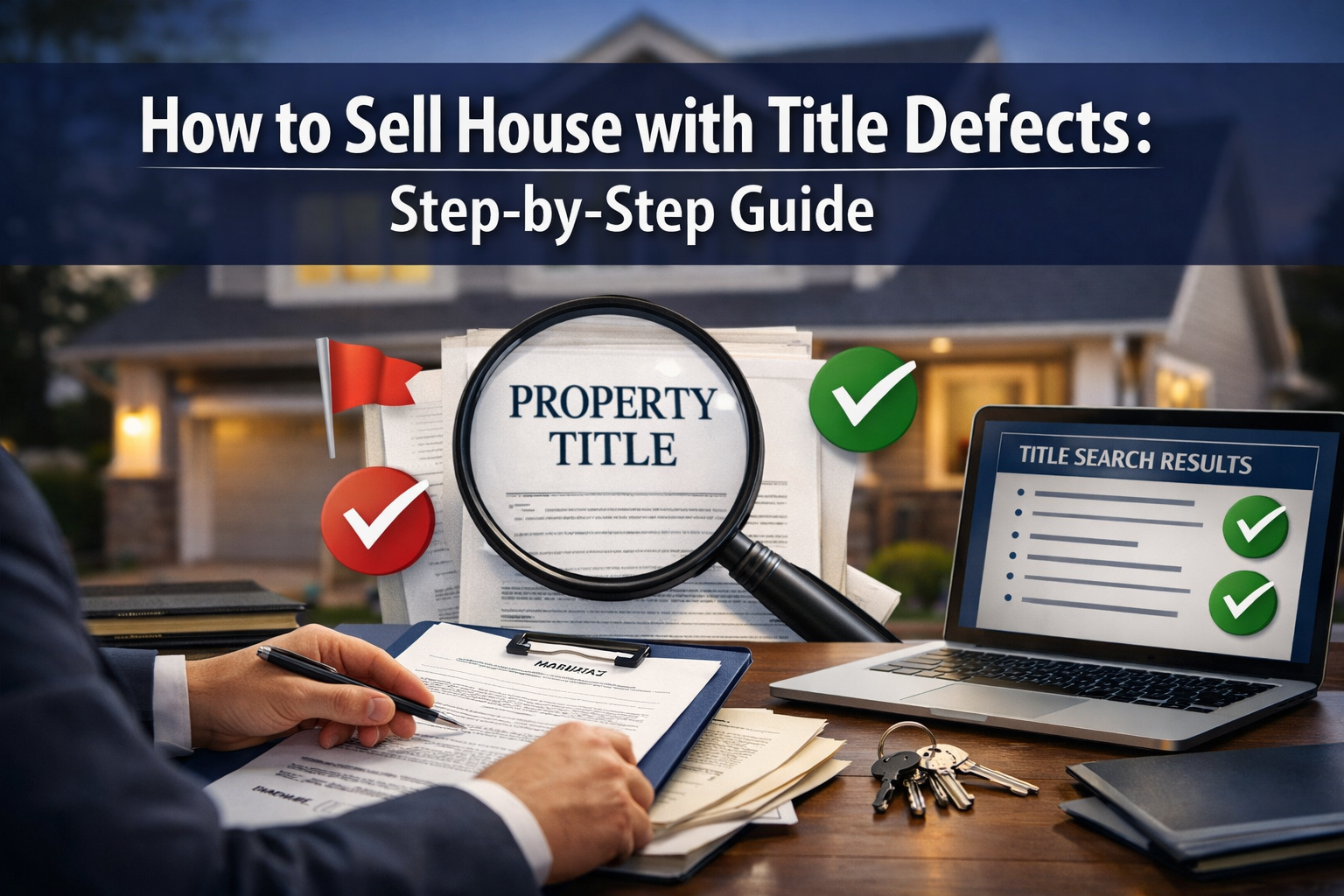 Professional landscape format (1536x1024) hero image featuring bold text overlay 'How to Sell House with Title Defects: Step-by-Step Guide' 