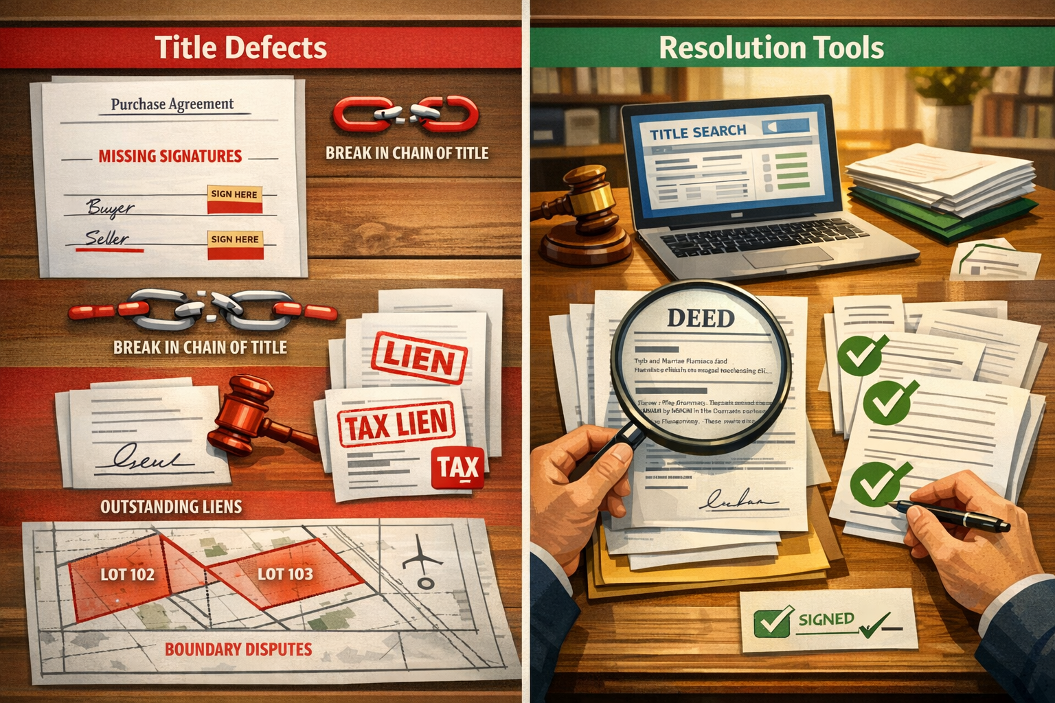 Detailed landscape format (1536x1024) image showing a professional title examination process with a split-screen composition. Left side disp