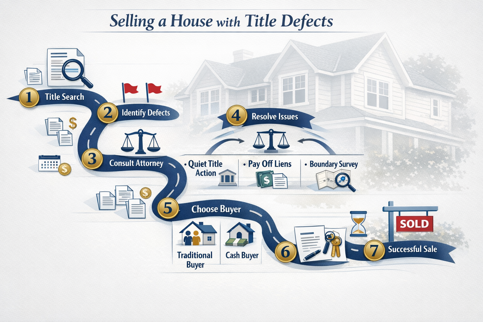 Detailed landscape format (1536x1024) image illustrating a step-by-step flowchart for selling a house with title defects, designed as an ele
