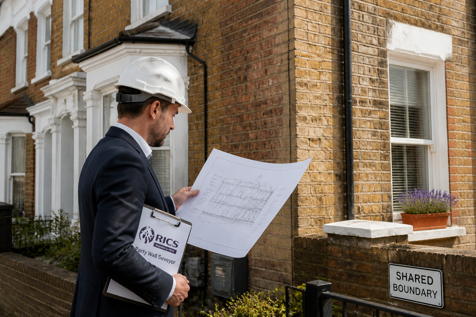 Wide-angle editorial photograph of a professional party wall surveyor in a hard hat and suit reviewing large architectural