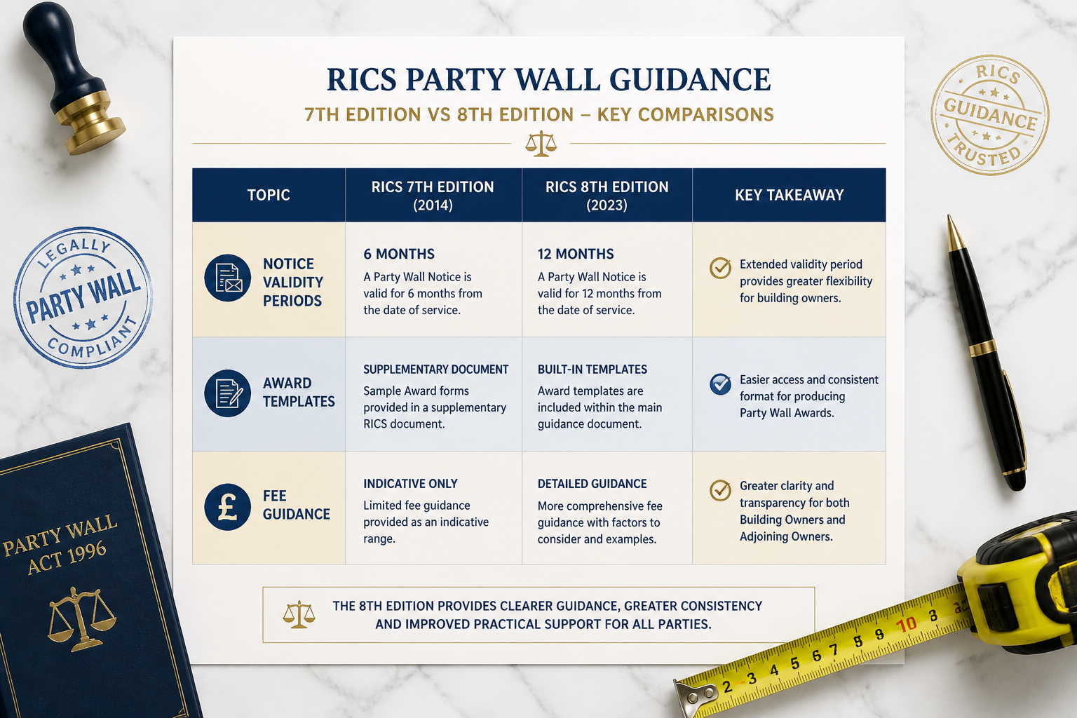 Flat-lay infographic style image showing a structured comparison table between RICS 7th Edition and 8th Edition party wall
