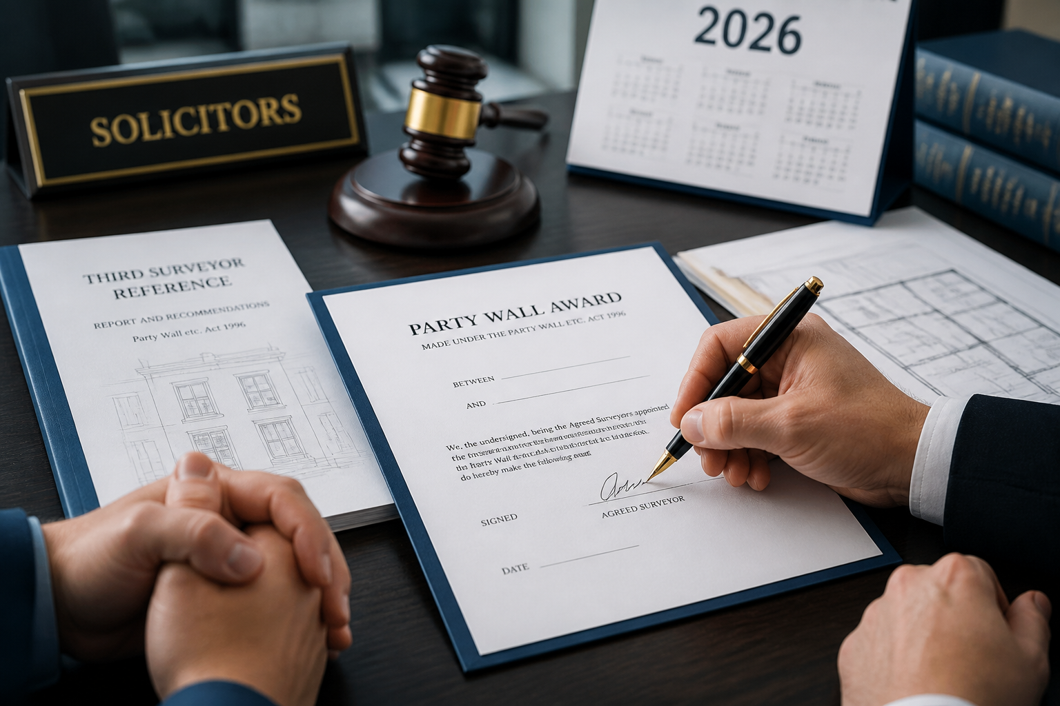 Close-up editorial image of a formal party wall award document being signed at a solicitor's desk, with a third surveyor