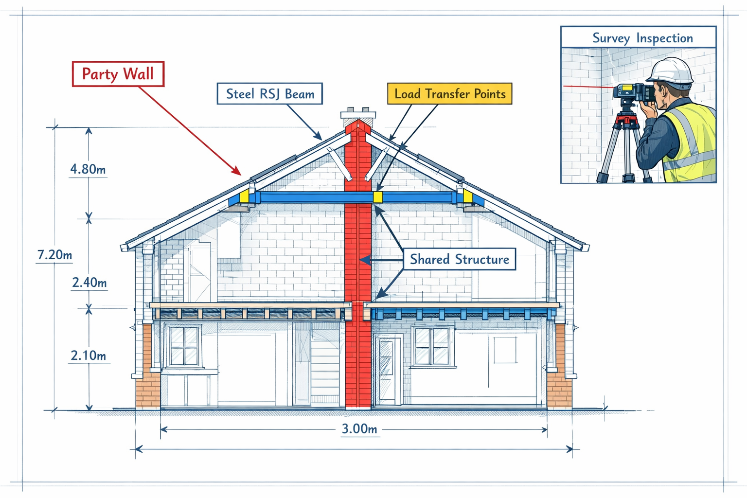 Landscape format (1536x1024) detailed illustration showing cross-section diagram of semi-detached house with party wall highlighted in red,