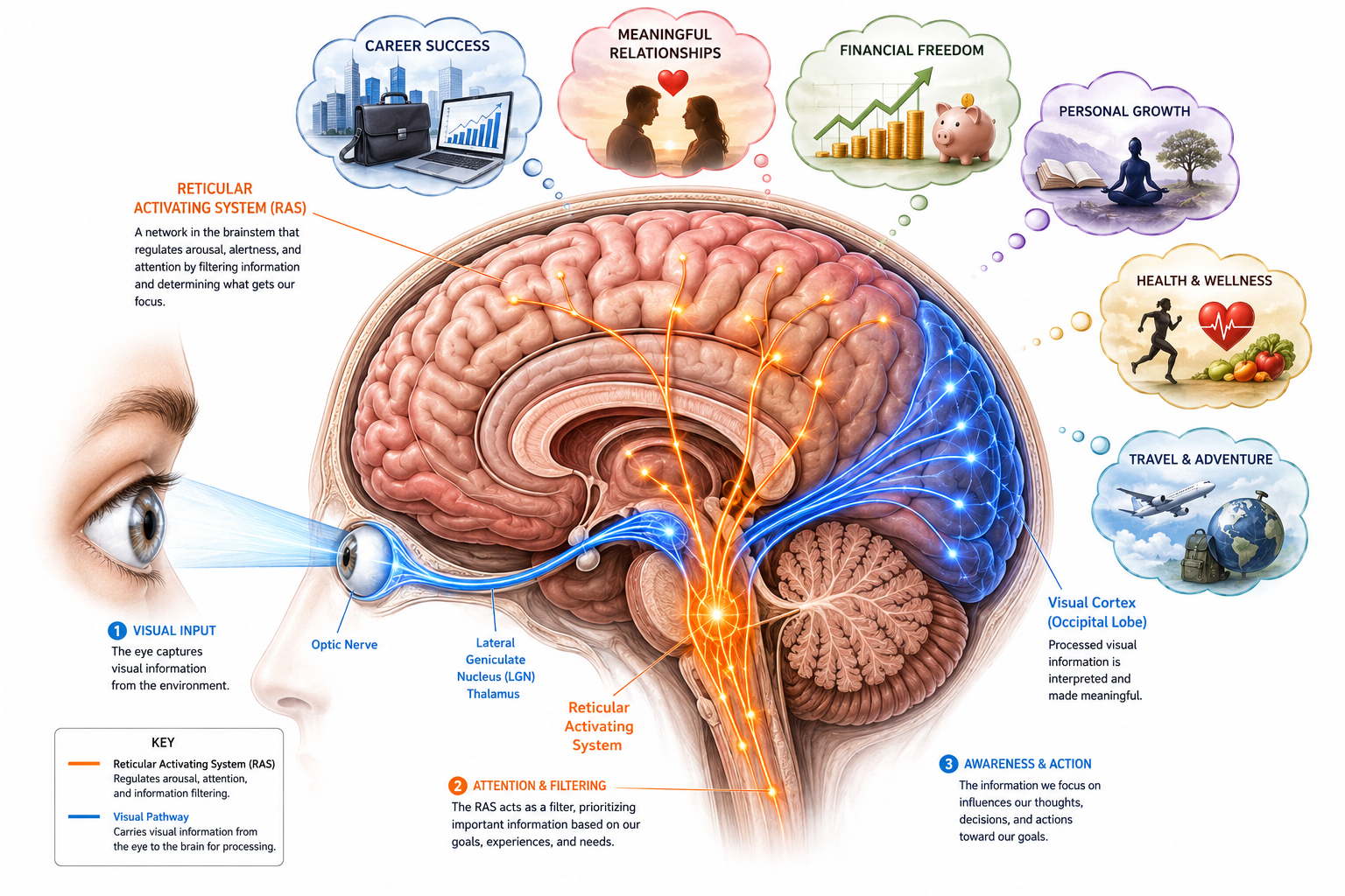 () detailed cross-section illustration of human brain with highlighted reticular activating system in bright orange, neural