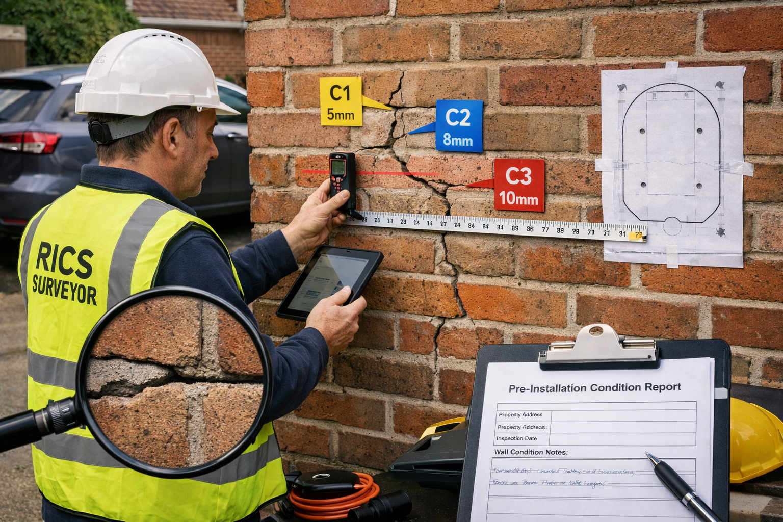 () professional photograph showing surveyor conducting detailed schedule of condition documentation at party wall before EV