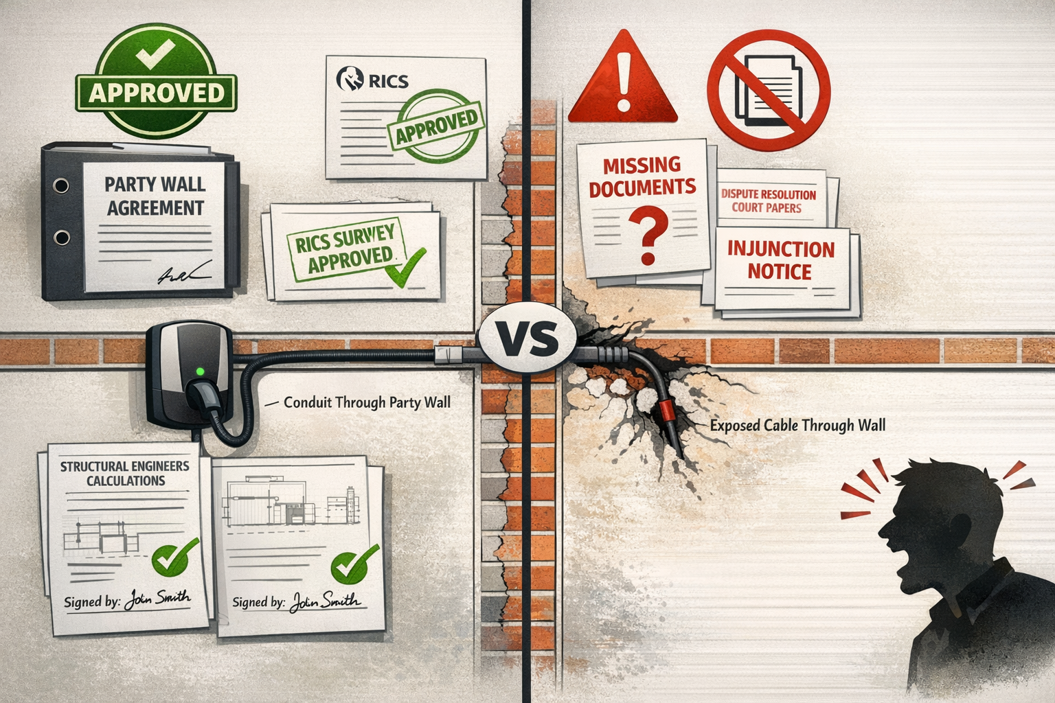 () split-screen comparison illustration showing compliant versus non-compliant EV charging installation scenarios on party