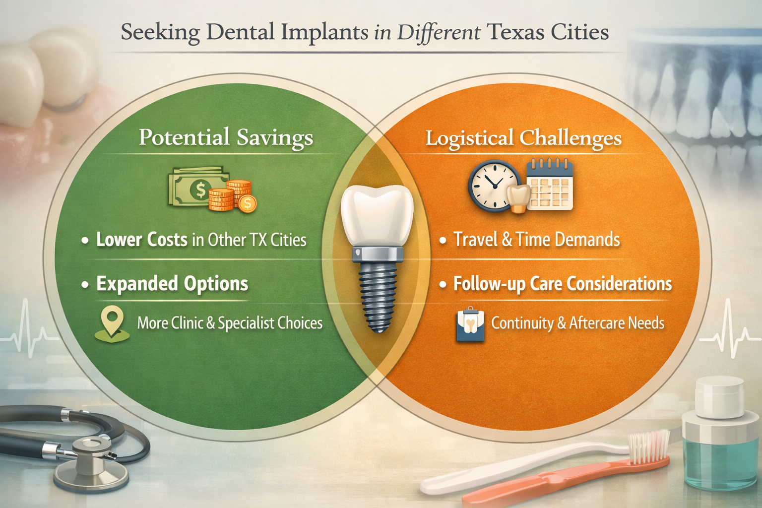 () image presenting a balanced comparison of benefits and drawbacks for seeking dental implants in different Texas cities.