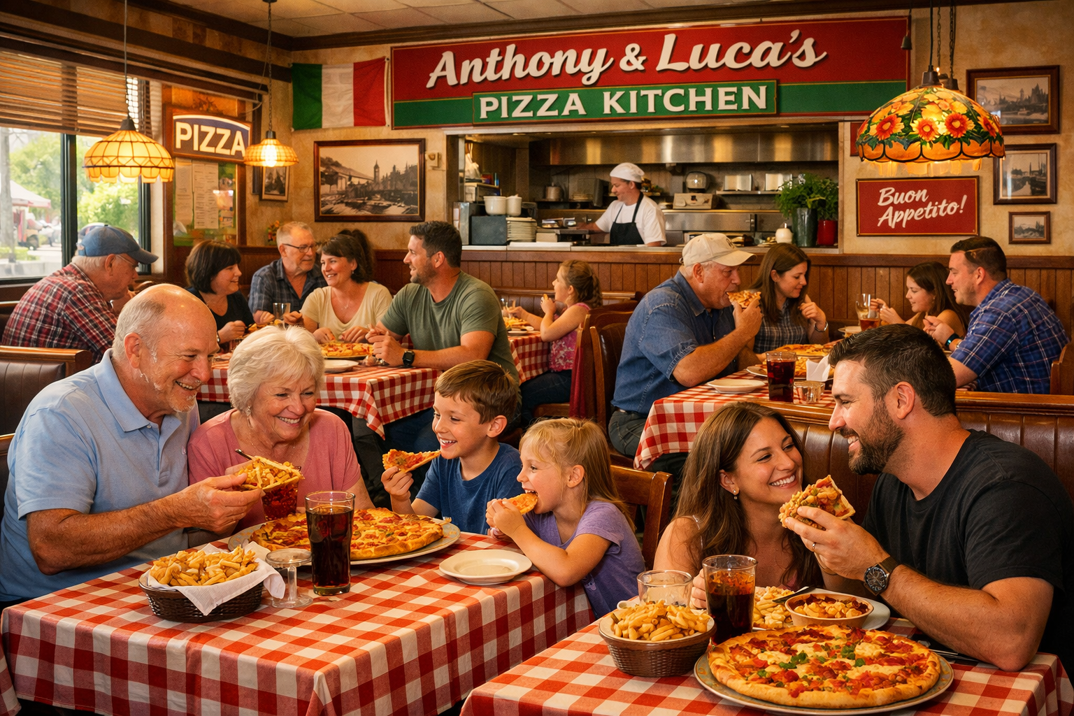 Landscape format (1536x1024) image depicting happy customers dining inside Anthony & Luca's Pizza Kitchen with families enjoying New York st