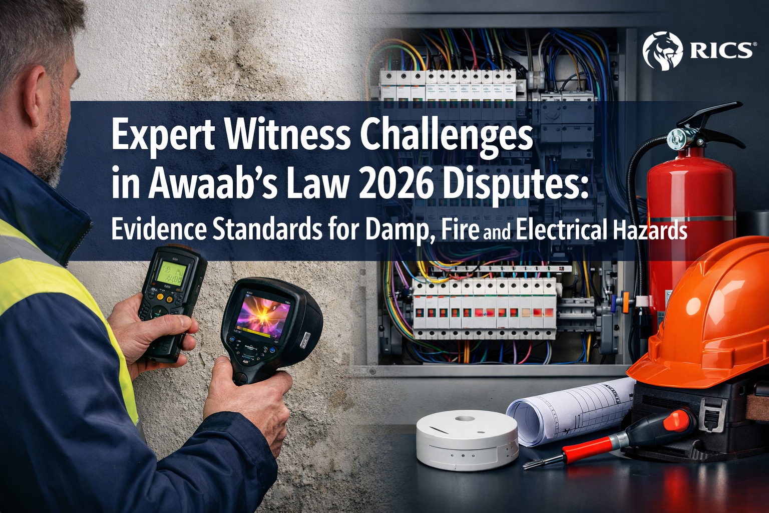 Professional () hero image featuring 'Expert Witness Challenges in Awaab's Law 2026 Disputes: Evidence Standards for Damp,