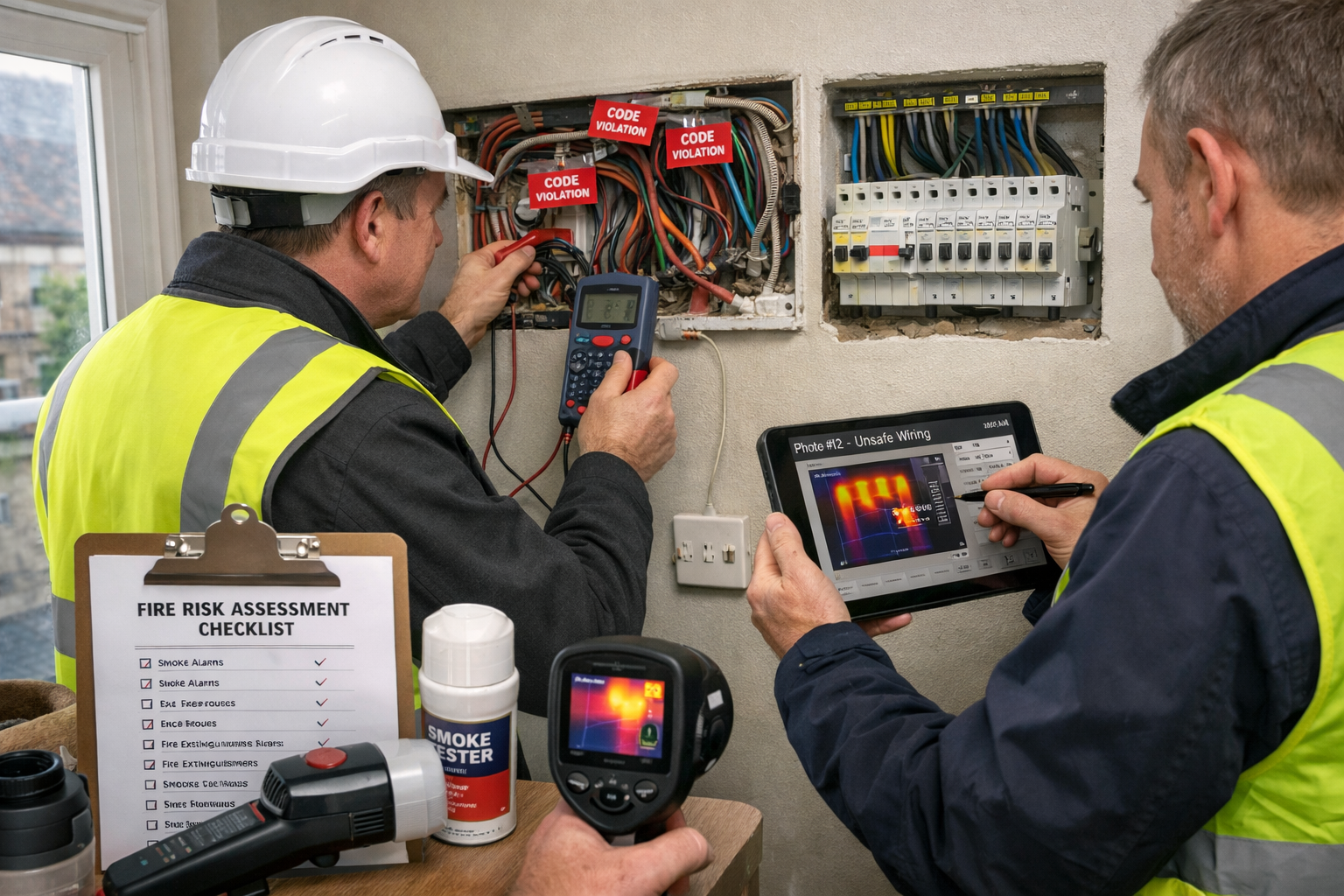 Wide-angle () photograph of actual property inspection scene showing chartered surveyor in high-visibility vest conducting