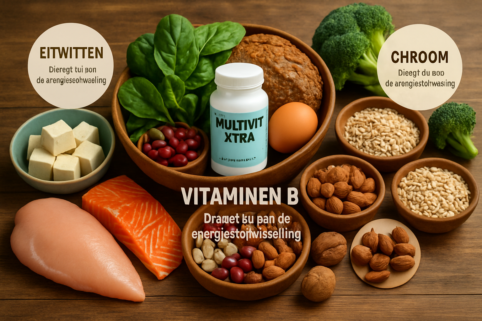Vibrant landscape composition (1536x1024) showcasing nutrient-rich foods arranged in organized groups on wooden table with Dutch text labels