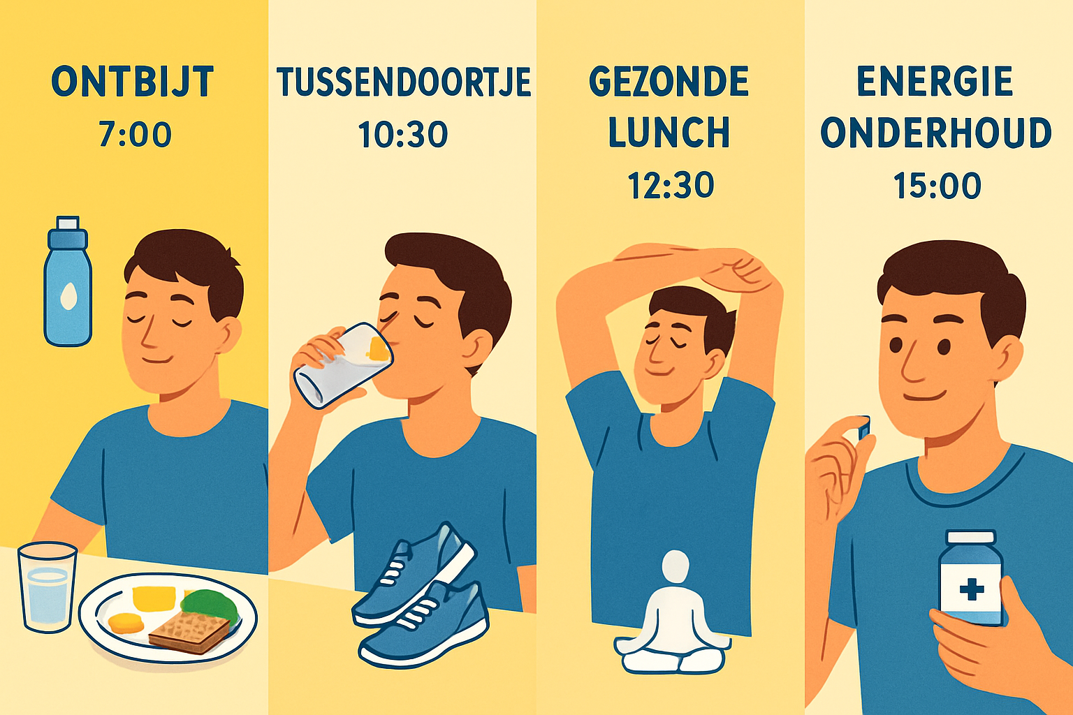 Practical lifestyle scene (1536x1024) showing daily routine timeline from morning to evening with prevention strategies. Split into 4 sectio