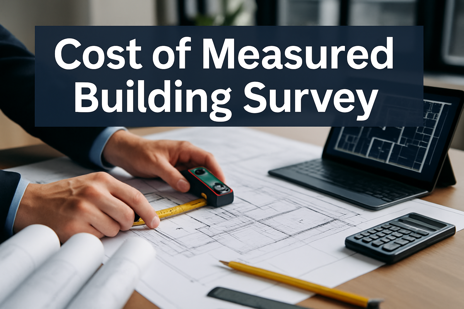 Professional landscape hero image (1536x1024) featuring bold text overlay 'Cost of Measured Building Survey' in extra large 72pt white sans-