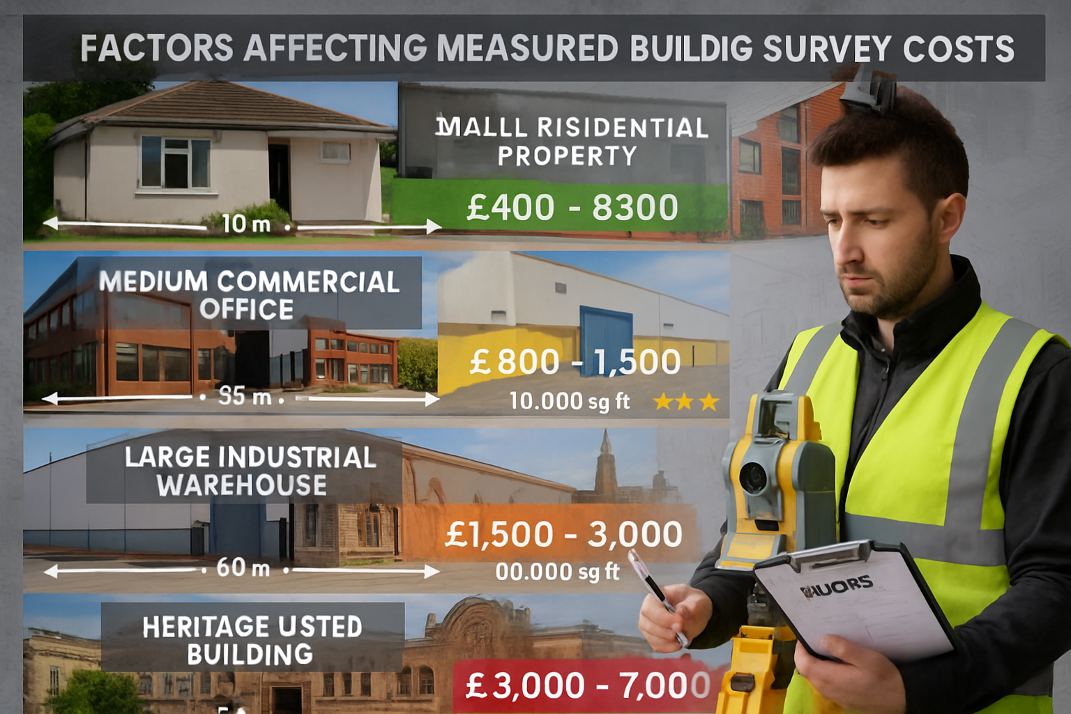 High-quality landscape photograph (1536x1024) illustrating factors affecting measured building survey costs through visual storytelling. Sce