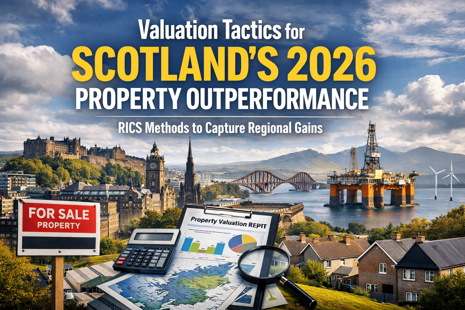 Professional landscape hero image (1536x1024) with bold text overlay: "Valuation Tactics for Scotland's 2026 Property Outperformance: RICS M