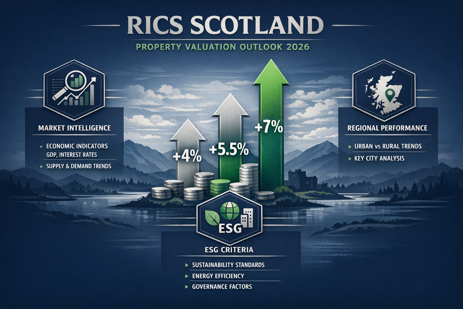Landscape infographic with key data visualization highlighting RICS property valuation metrics for Scotland's 2026 market. Central graphic s