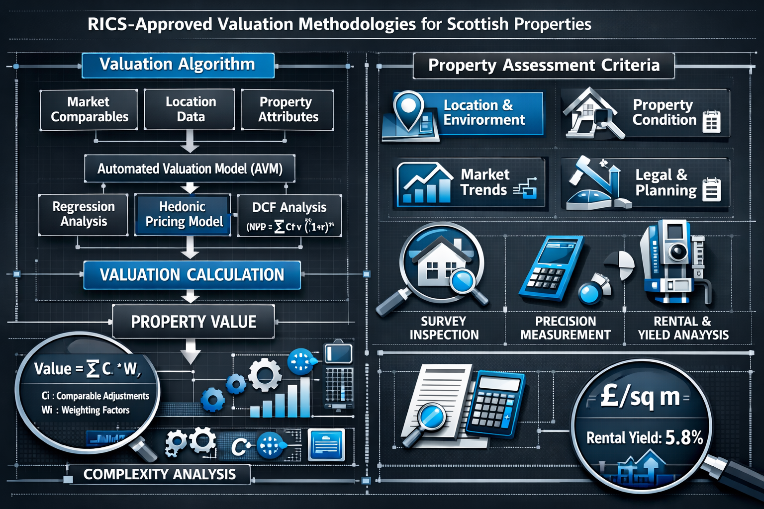 Technical illustration showcasing RICS-approved valuation methodologies for Scottish properties. Split-screen composition with left side fea