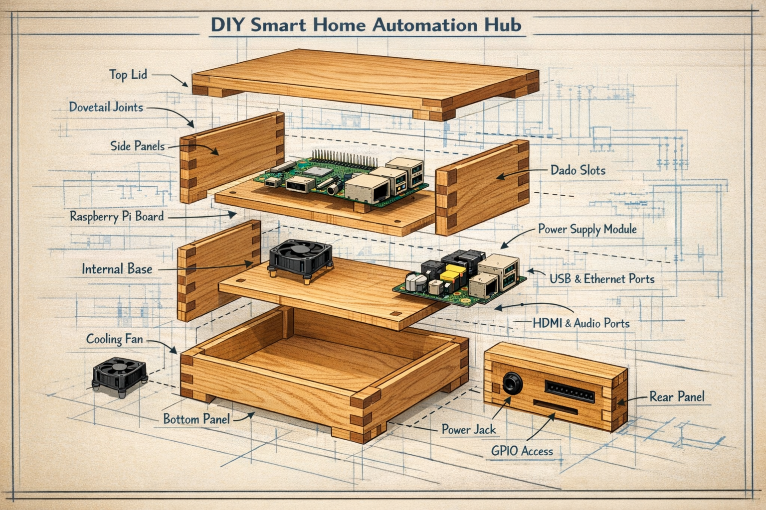 () image showing a detailed exploded view schematic of a custom-designed wooden enclosure for a Raspberry Pi smart home hub,
