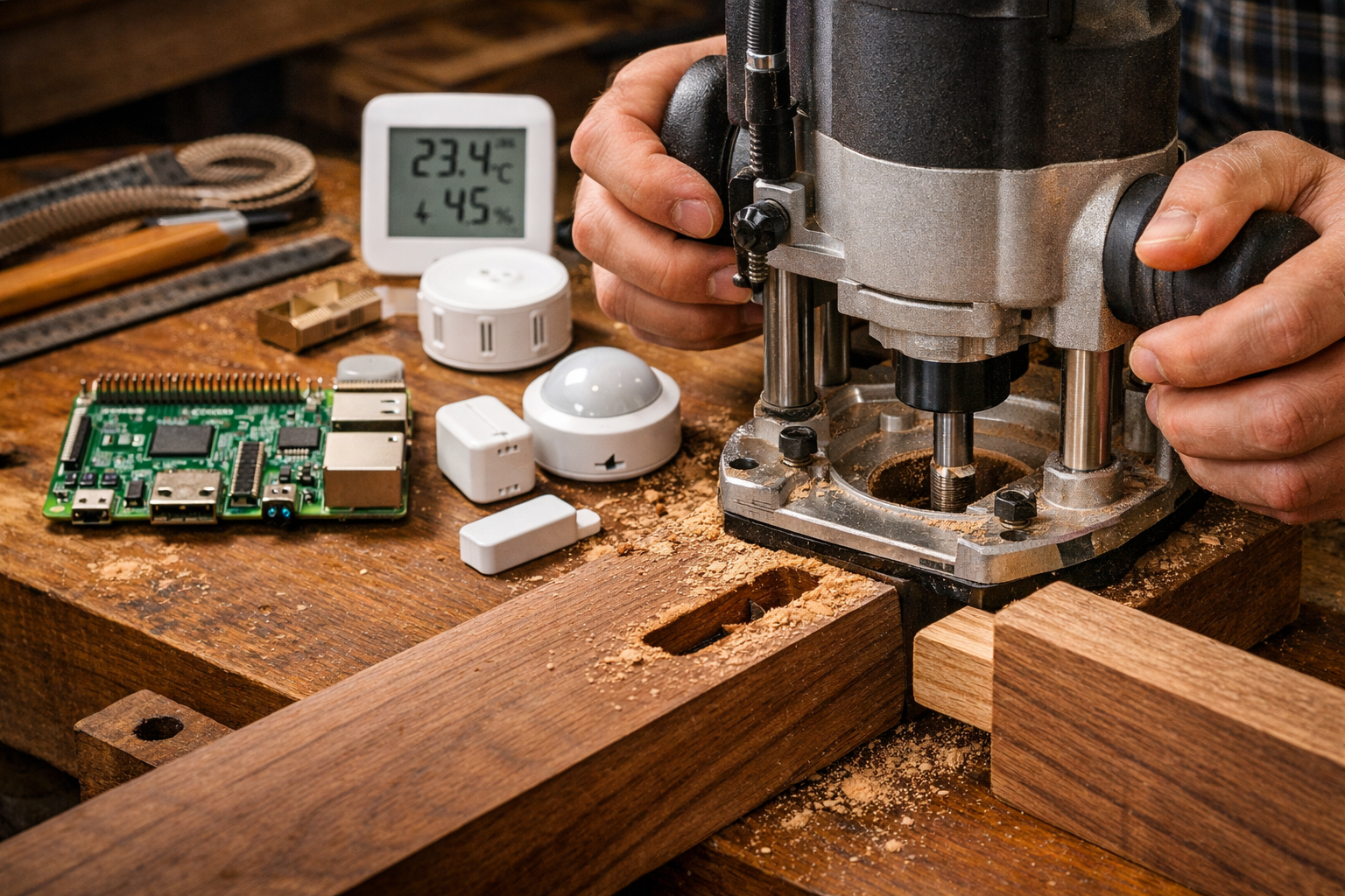 Detailed () image illustrating the woodworking process: a close-up of hands using a precision router to create a mortise and