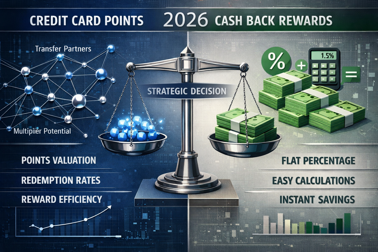 Editorial-style split-screen infographic comparing credit card points and cash back rewards strategies for 2026. Left side visualizes credit