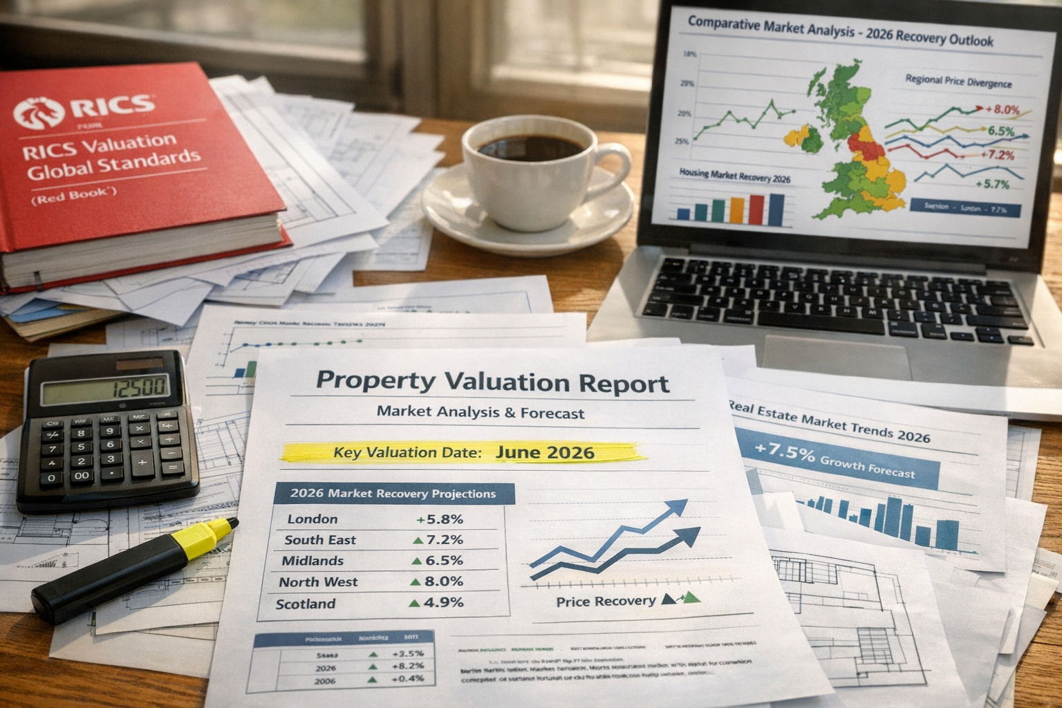 Detailed () image showing close-up of professional surveyor's desk with multiple property valuation reports spread out, RICS