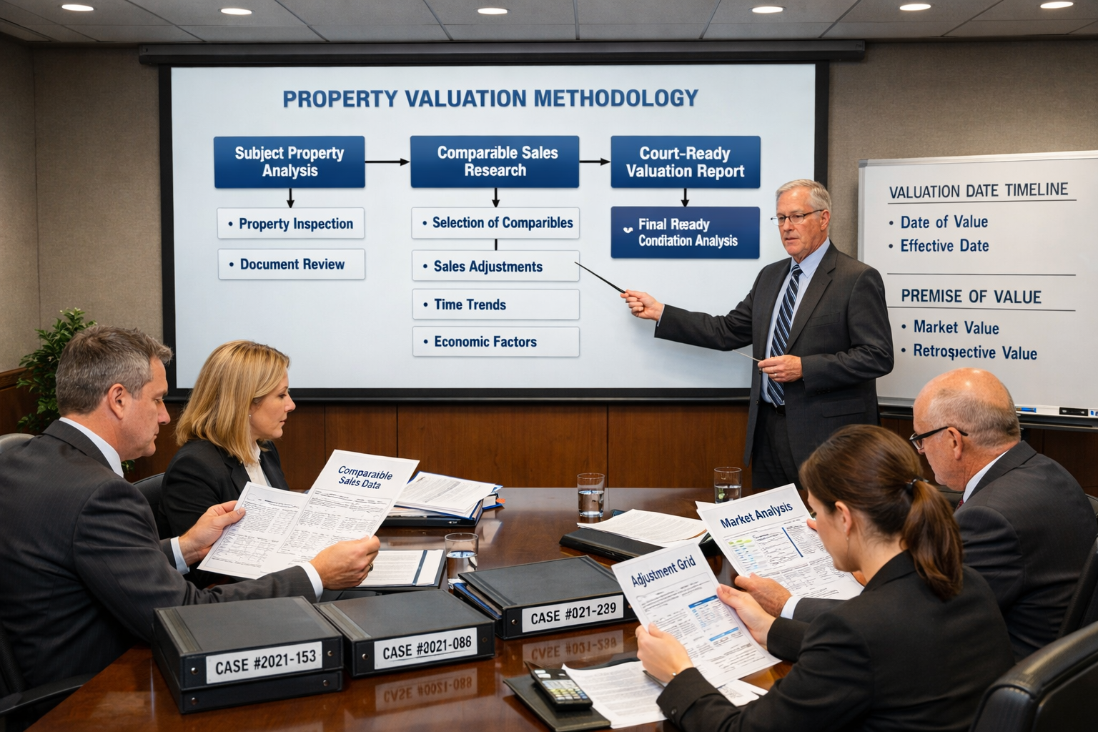Wide-angle () image of modern legal conference room with large presentation screen displaying detailed property valuation