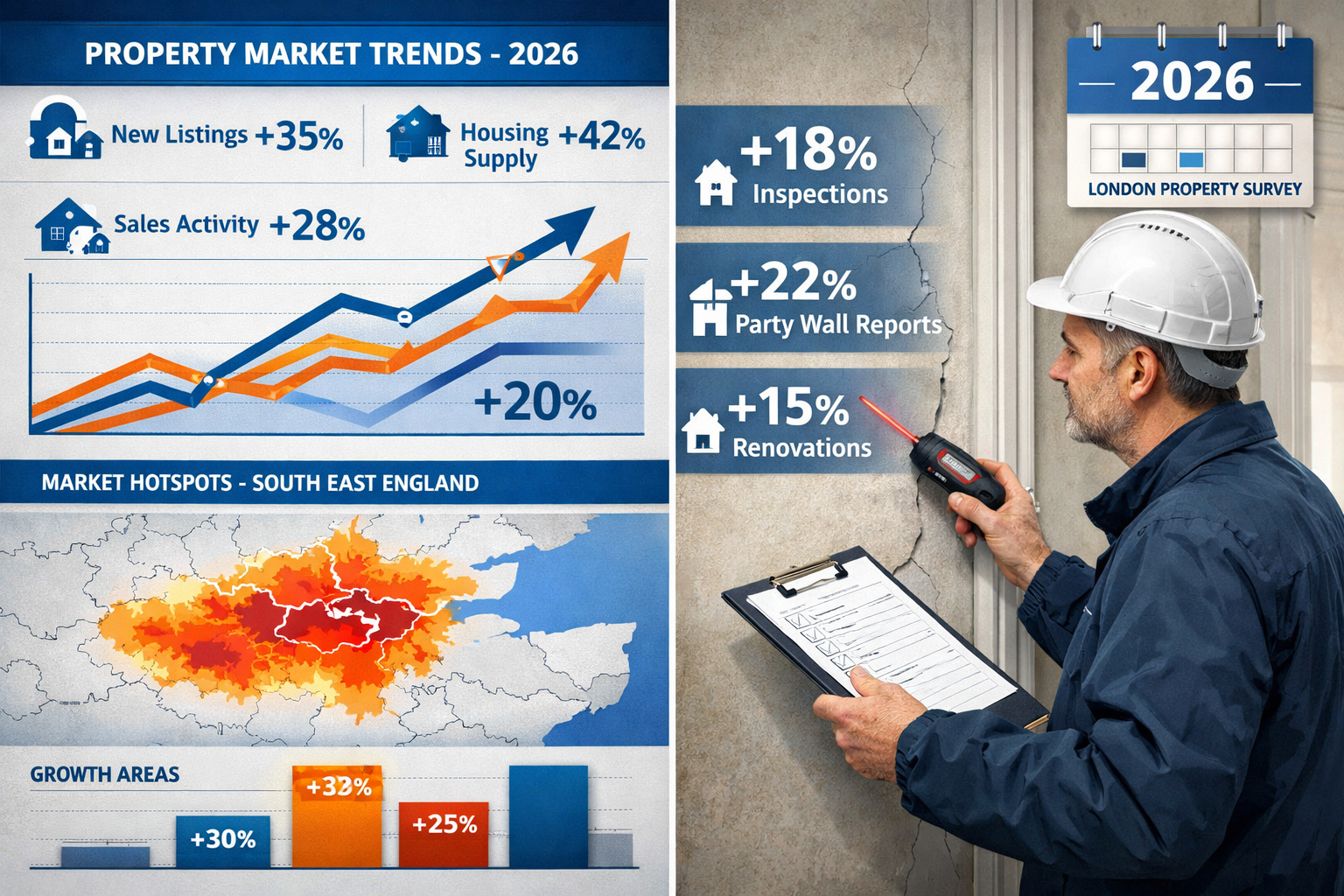 Detailed () image showing split-screen comparison of London property market activity in 2026. Left side displays digital