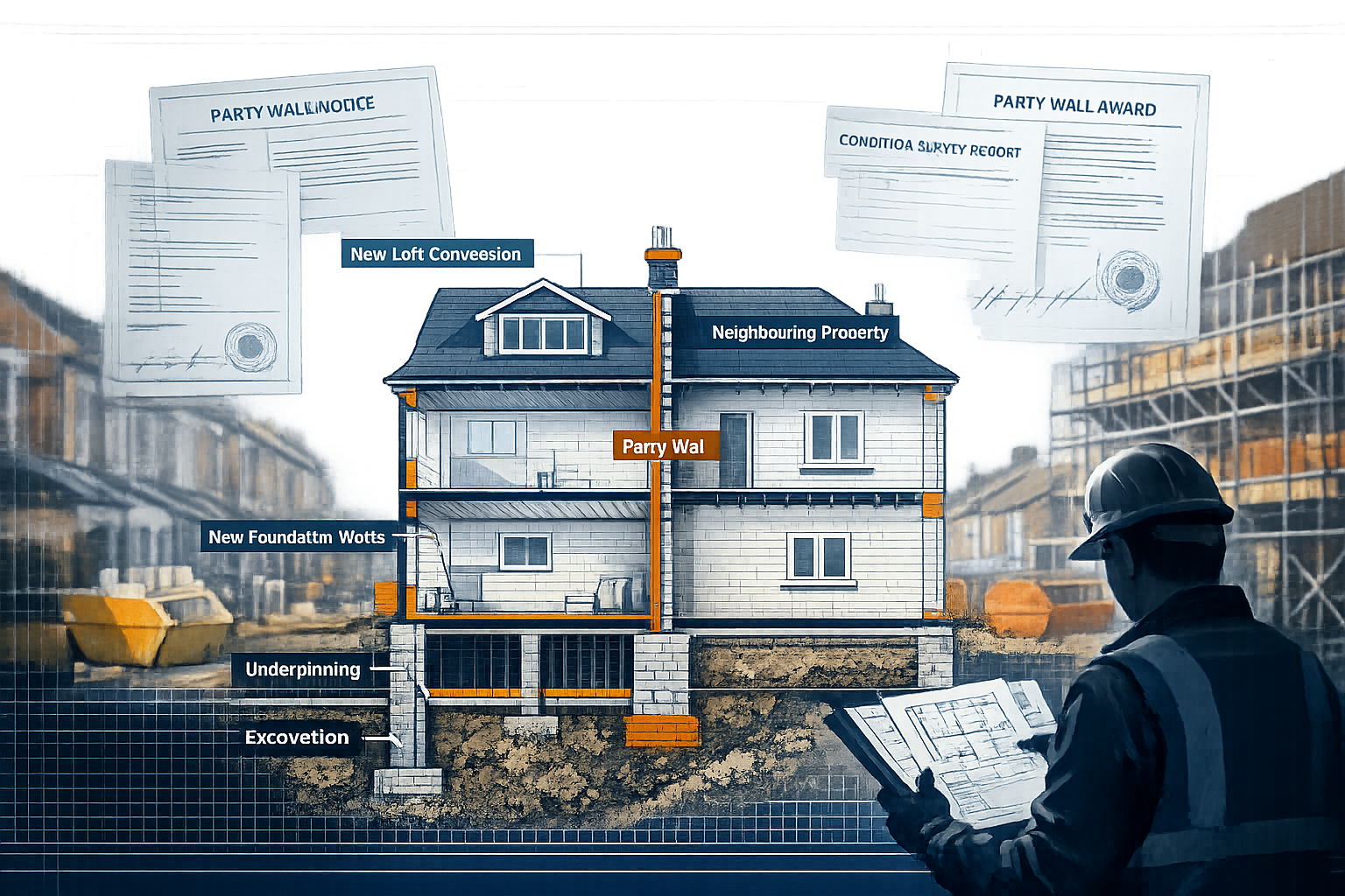 Detailed () image illustrating party wall survey process in high-growth urban environment. Scene shows cross-section