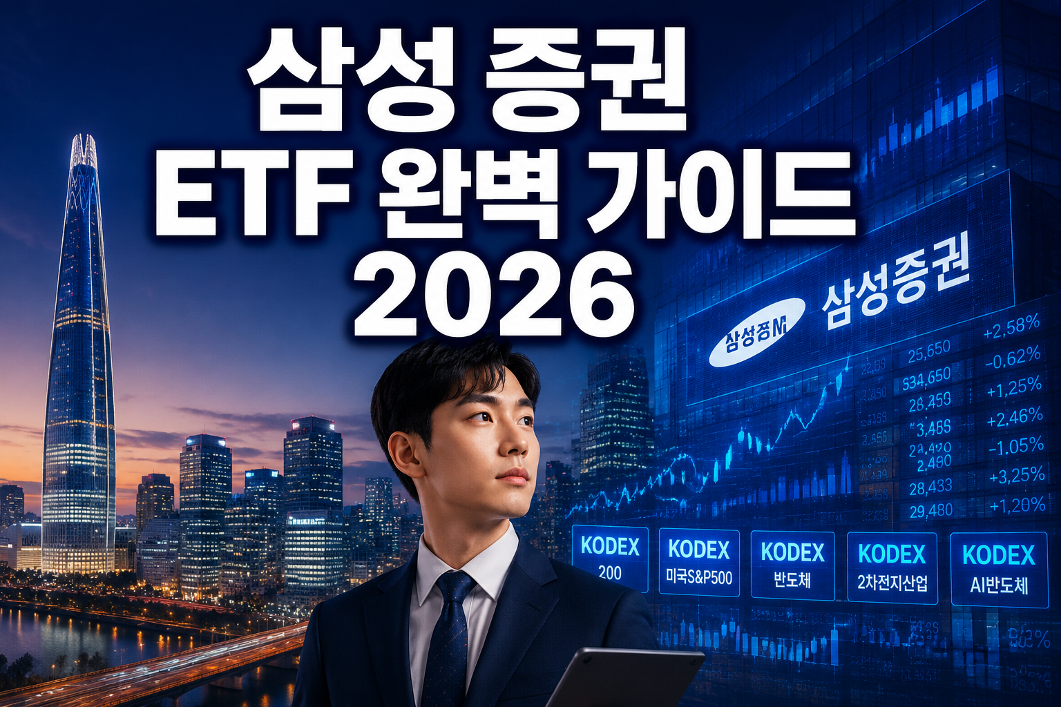 Professional () hero image featuring Korean '삼성 증권 ETF 완벽 가이드 2026' in extra large white with dark , centered in upper