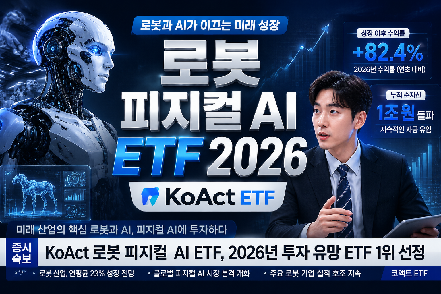 Futuristic robotics and AI themed ETF concept image showing humanoid robot silhouette overlaid with Korean text '로봇 피지컬 AI