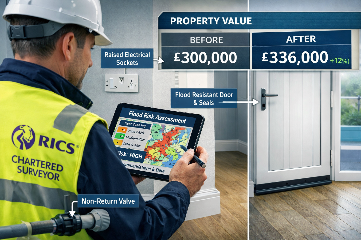 Detailed () image showing close-up of RICS chartered surveyor conducting property inspection with digital tablet displaying
