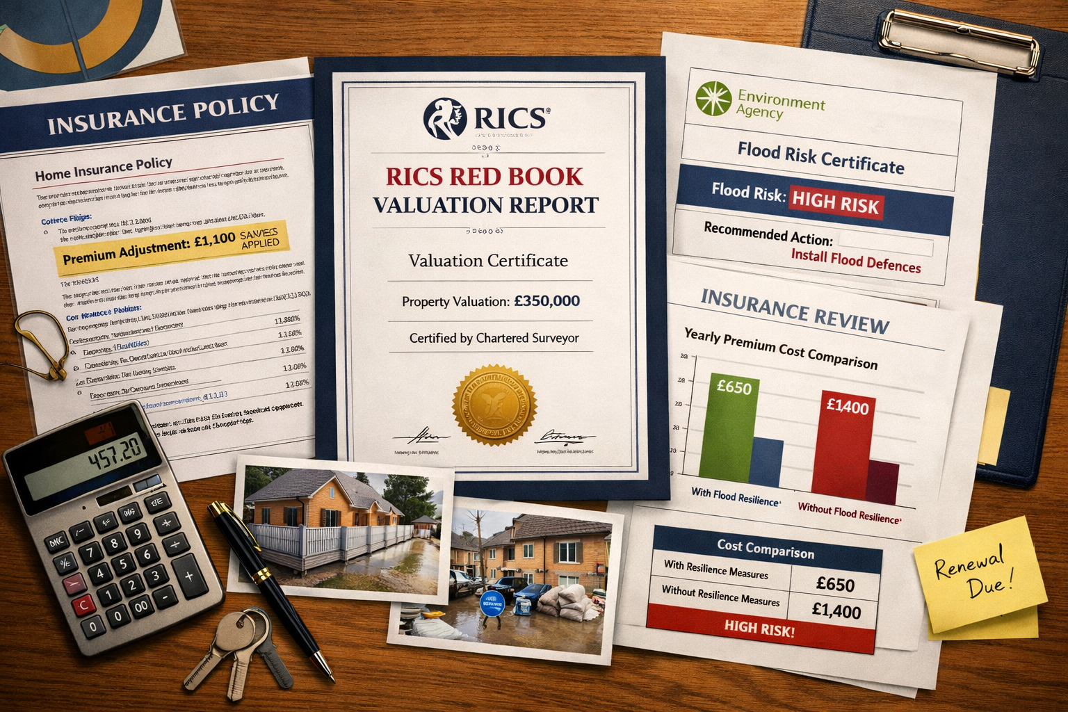 Detailed () image depicting insurance documentation and valuation reports spread on desk surface. Central focus on official