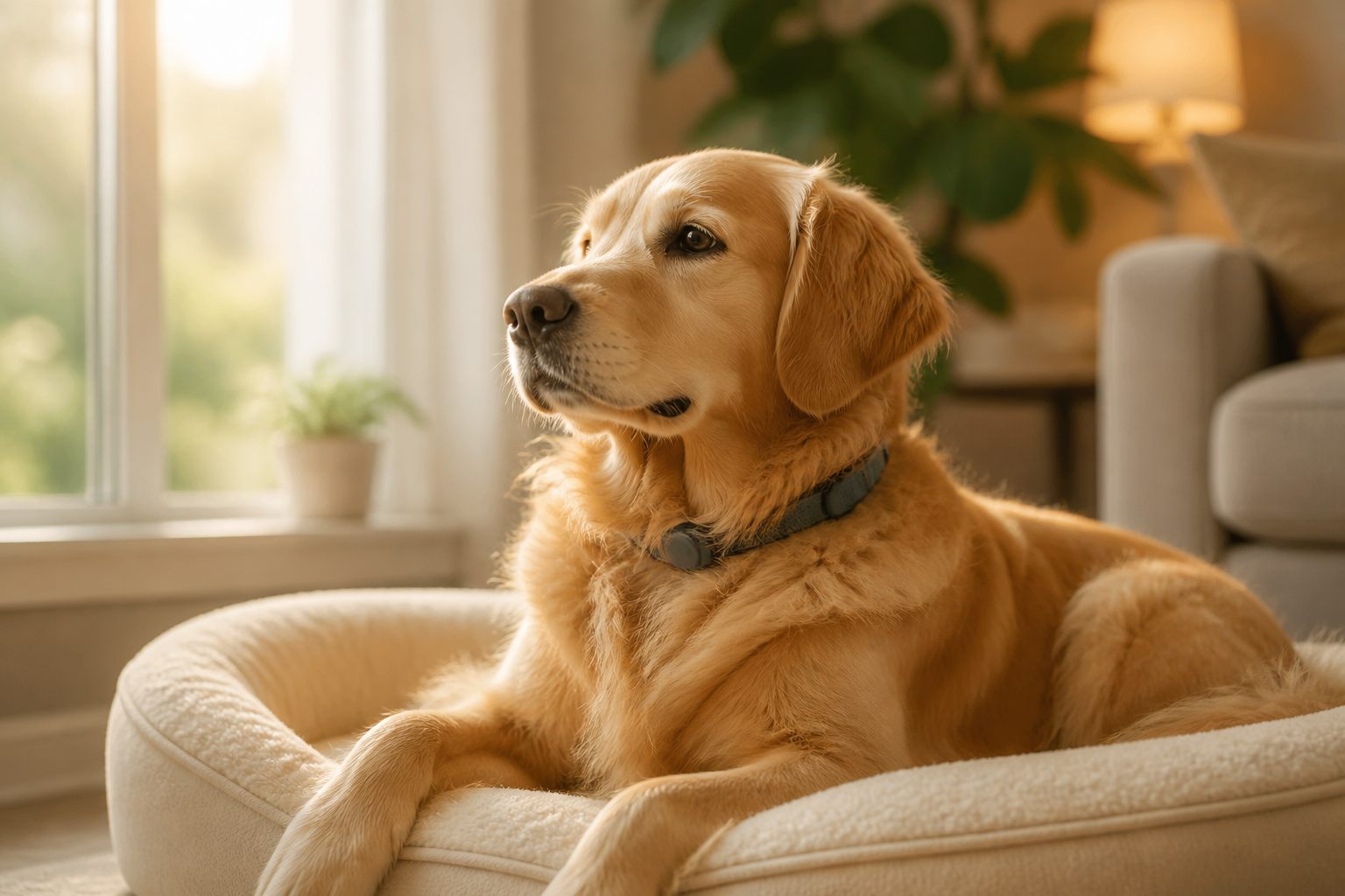 Professional () editorial hero image showing a calm golden retriever wearing a calming collar, lying peacefully on a soft