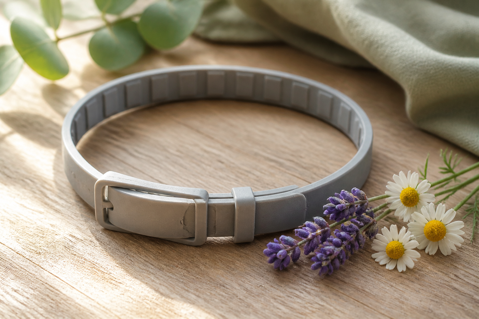 Close-up macro photograph of a dog calming pheromone collar laid flat on a wooden surface next to a small lavender sprig and