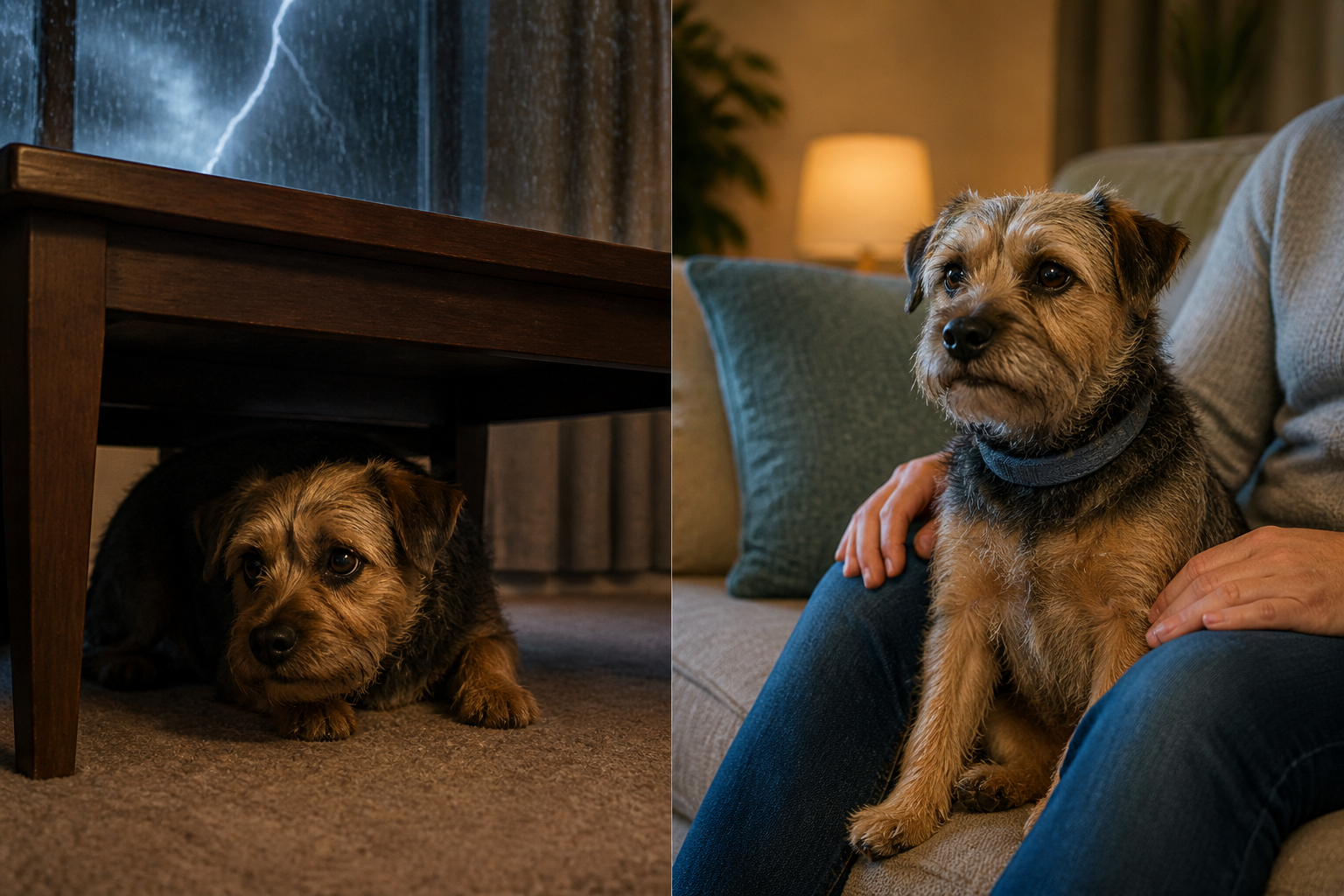 Split-scene editorial photograph showing two contrasting dog behaviors: on the left, a small terrier cowering under a table