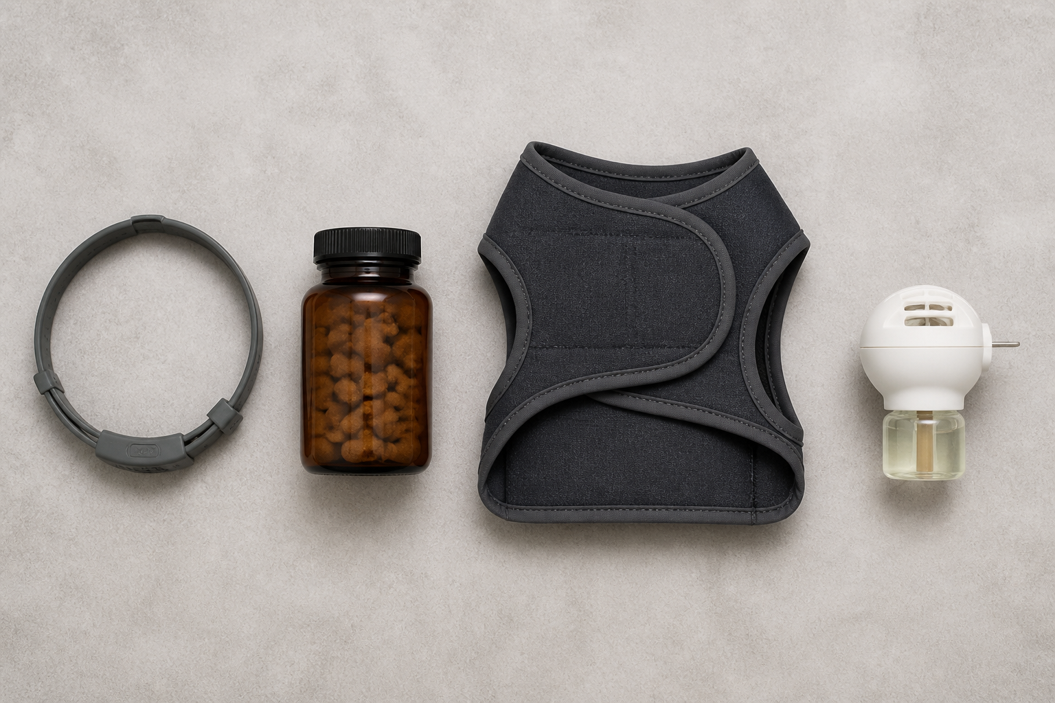 Overhead flat-lay comparison photograph of four different dog anxiety solutions arranged on a light gray surface: a