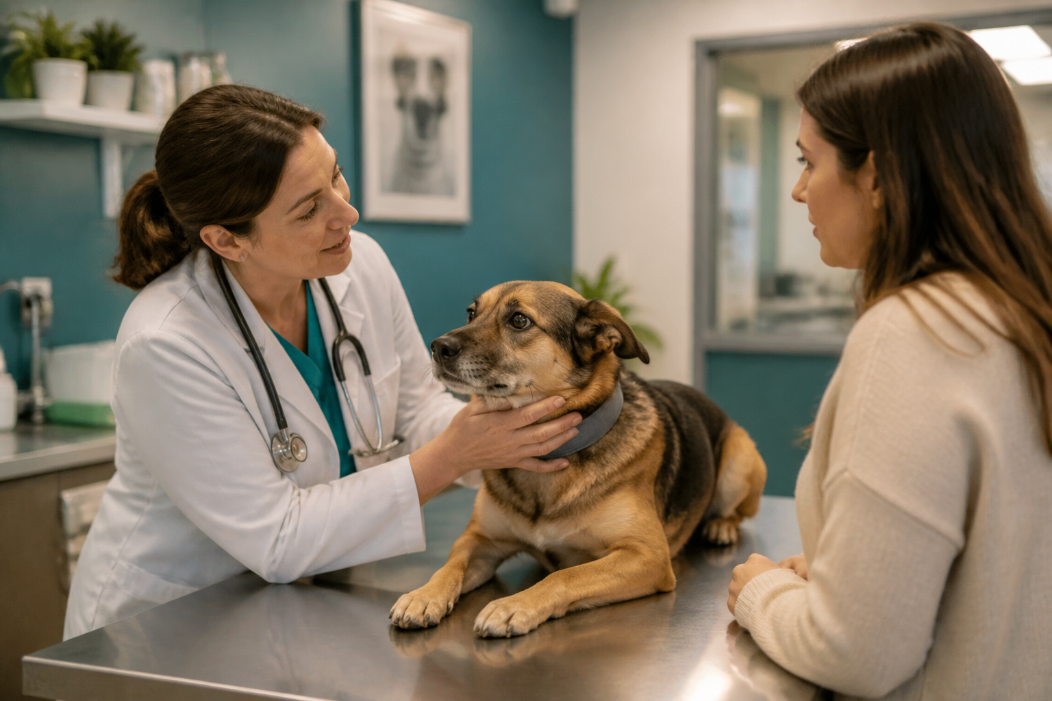 Warm lifestyle photograph of a veterinarian in a white coat gently examining a medium-sized anxious dog on an examination