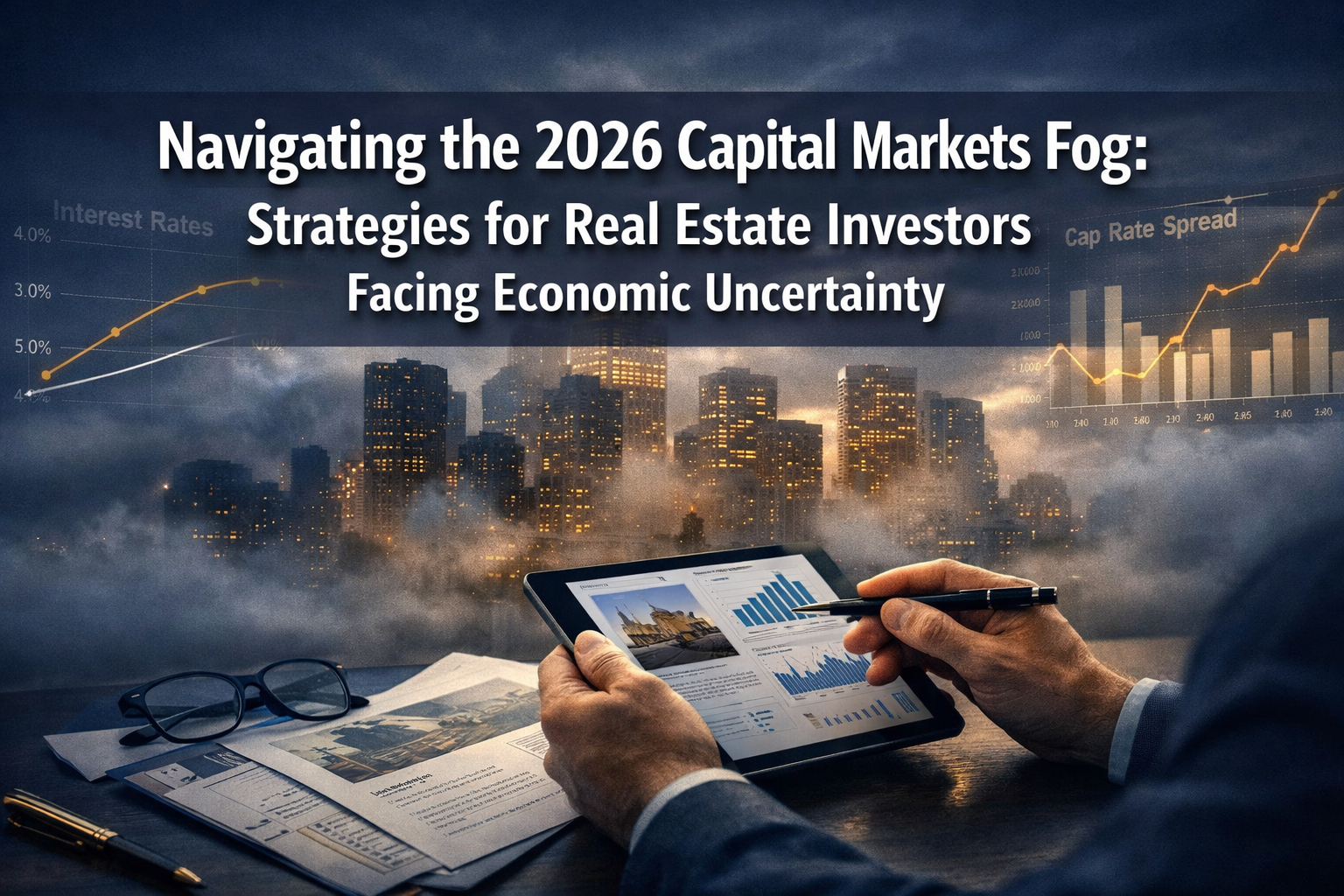 Professional landscape format (1536x1024) hero image featuring bold text overlay 'Navigating the 2026 Capital Markets Fog: Strategies for Re