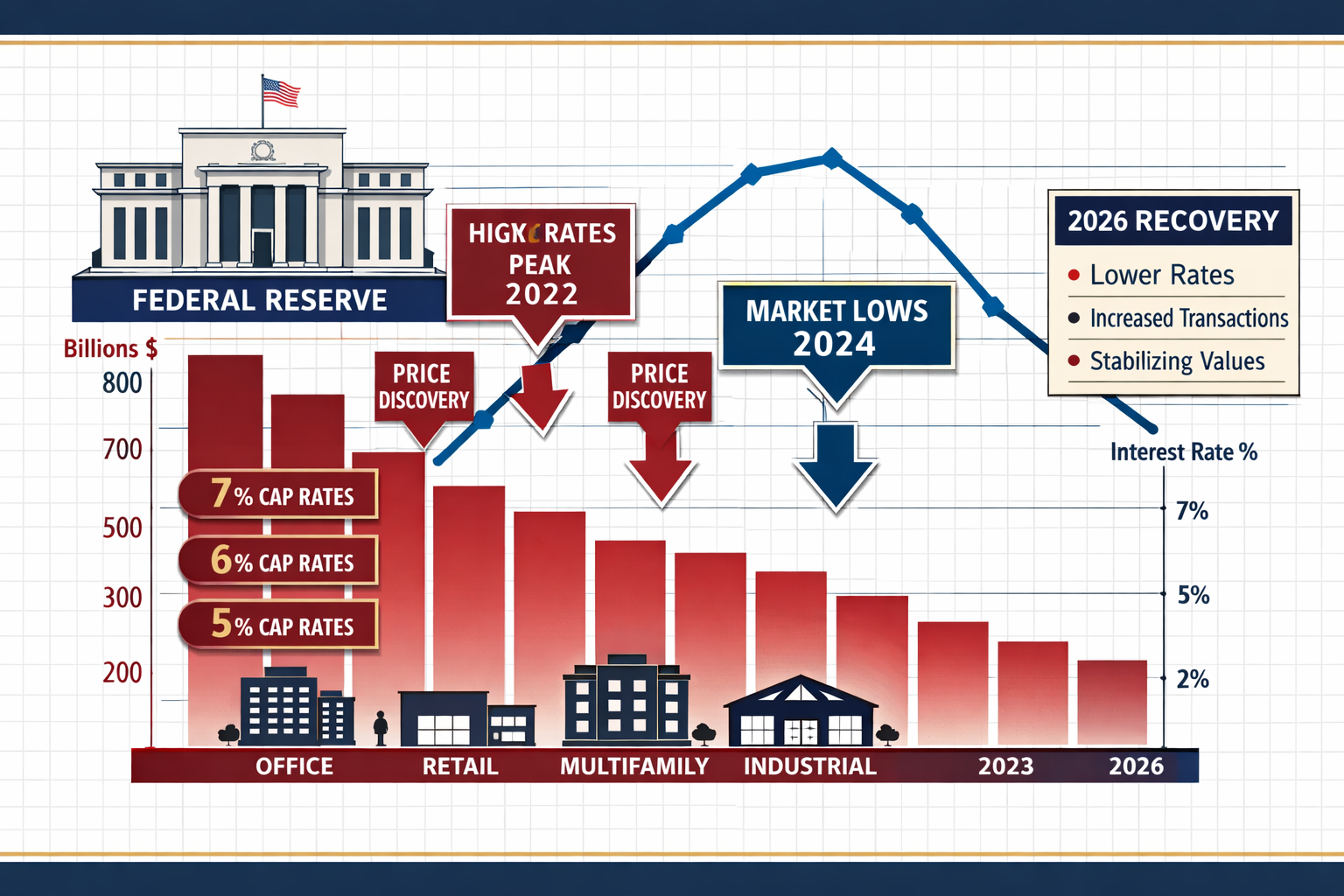 Landscape format (1536x1024) detailed infographic showing dual-axis chart comparing commercial real estate transaction volumes (declining ba