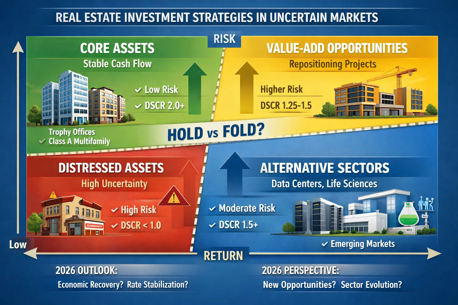 Landscape format (1536x1024) strategic decision matrix visualization showing four quadrants for real estate investment strategies in uncerta