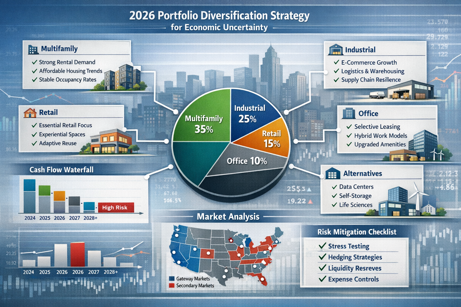 Landscape format (1536x1024) comprehensive visual showing portfolio diversification strategy for 2026 capital markets uncertainty. Center sh