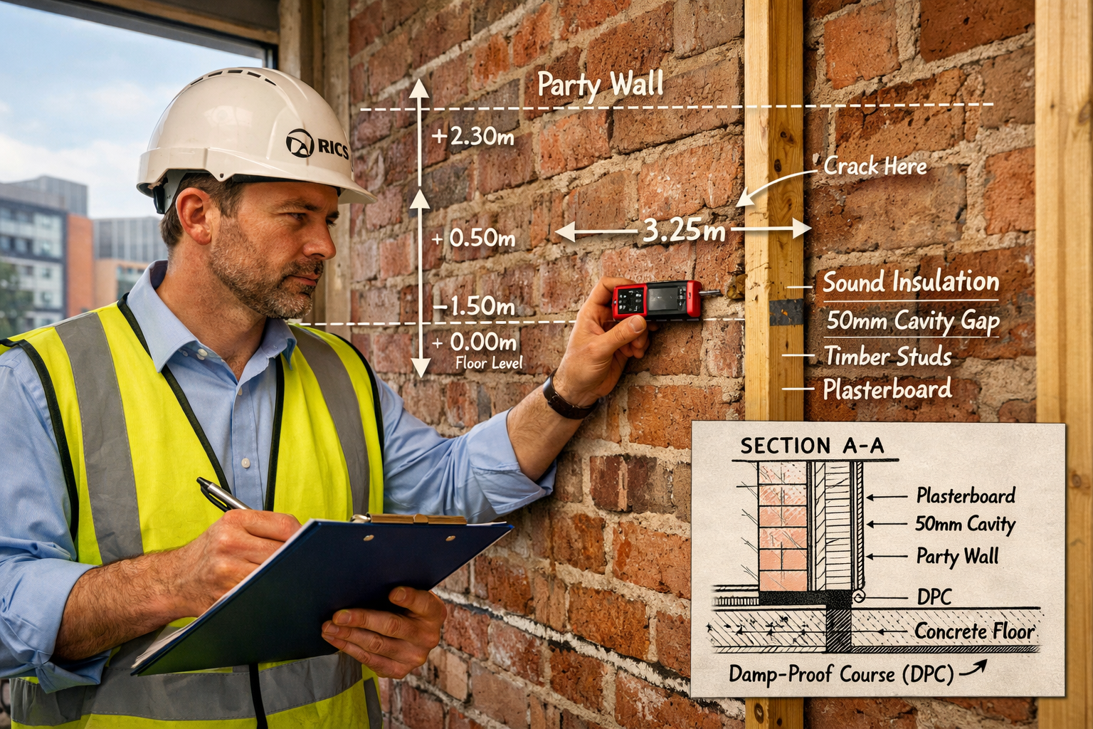 Detailed () image showing close-up view of party wall survey in progress at student accommodation site, exposed internal