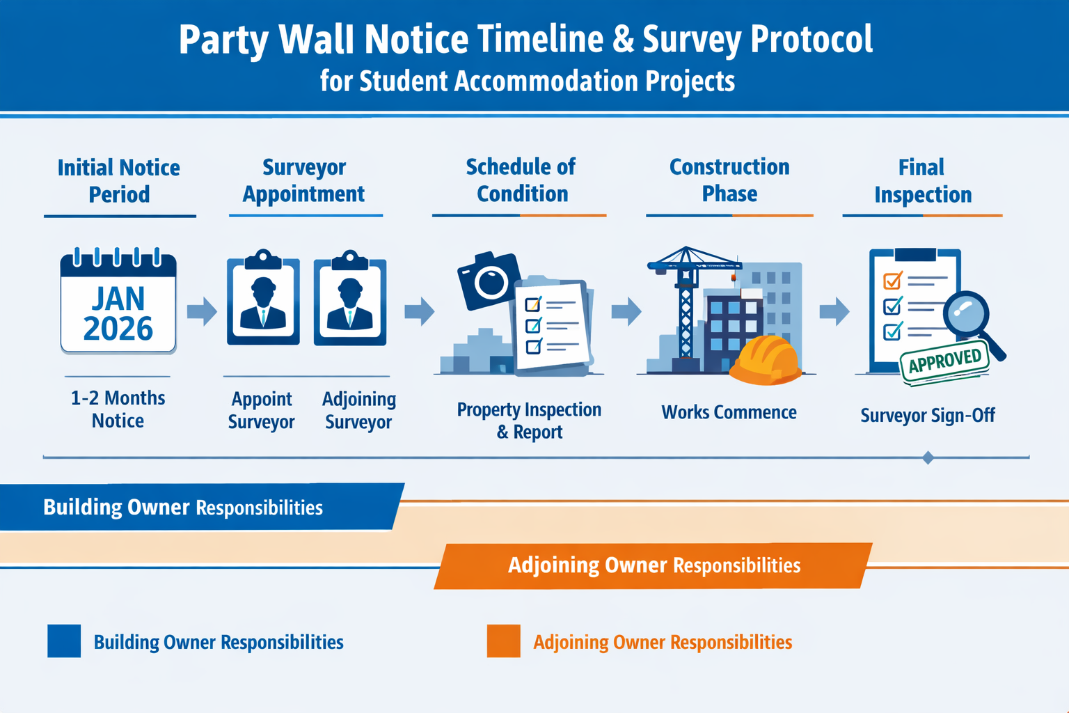 Comprehensive () infographic illustration displaying party wall notice timeline and survey protocol flowchart for student