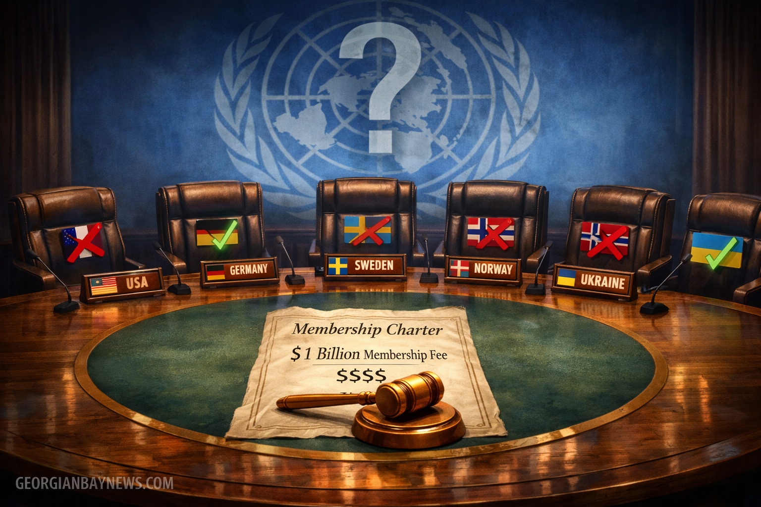 Include the text: GEORGIANBAYNEWS.COM, in each image in a discreet fashion. Detailed editorial illustration (1536x1024) showing a large orna